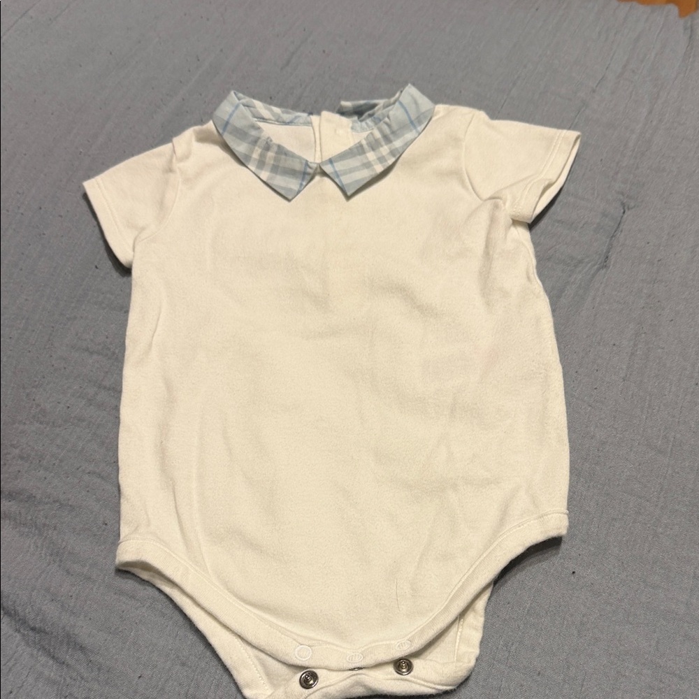 Burberry White Onesie with Blue Plaid Collar